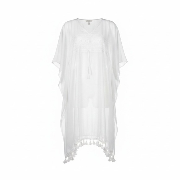 Tavik Other - Tavik Women White Sheer Tassel Kaftan Beach Swim Cover Up V-Neck Drawstring OS